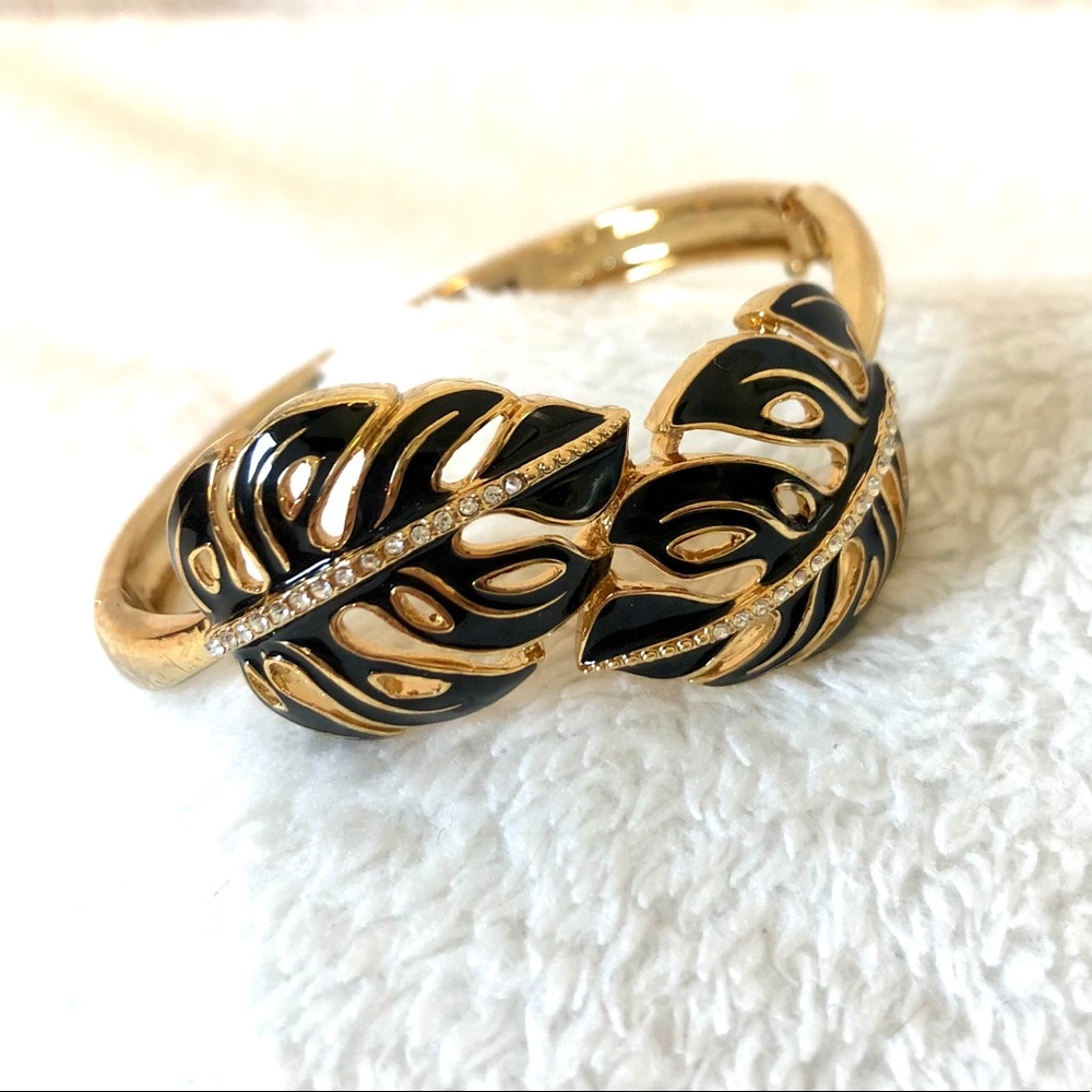 Crystal and gold bangle with black enamel leaves